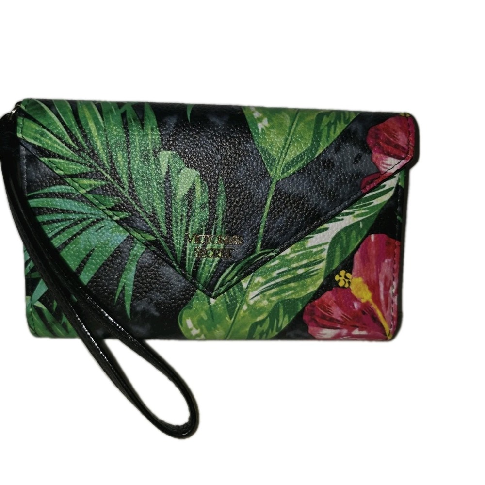 Victorias Secret Tropical Print Wristlet Clutch Wallet Black Leather & Canvas
